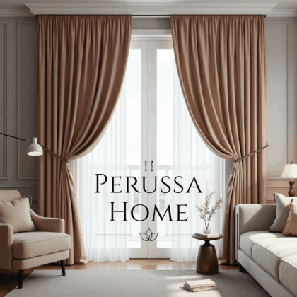 Krem renkli premium fon perde, modern salon dekorasyonu